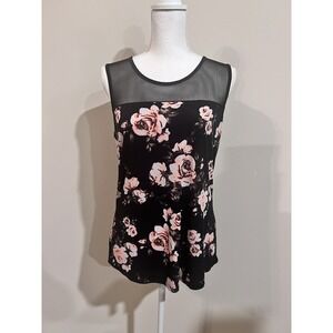 Black / Peach Floral Sleeveless Babydoll Top Size Large